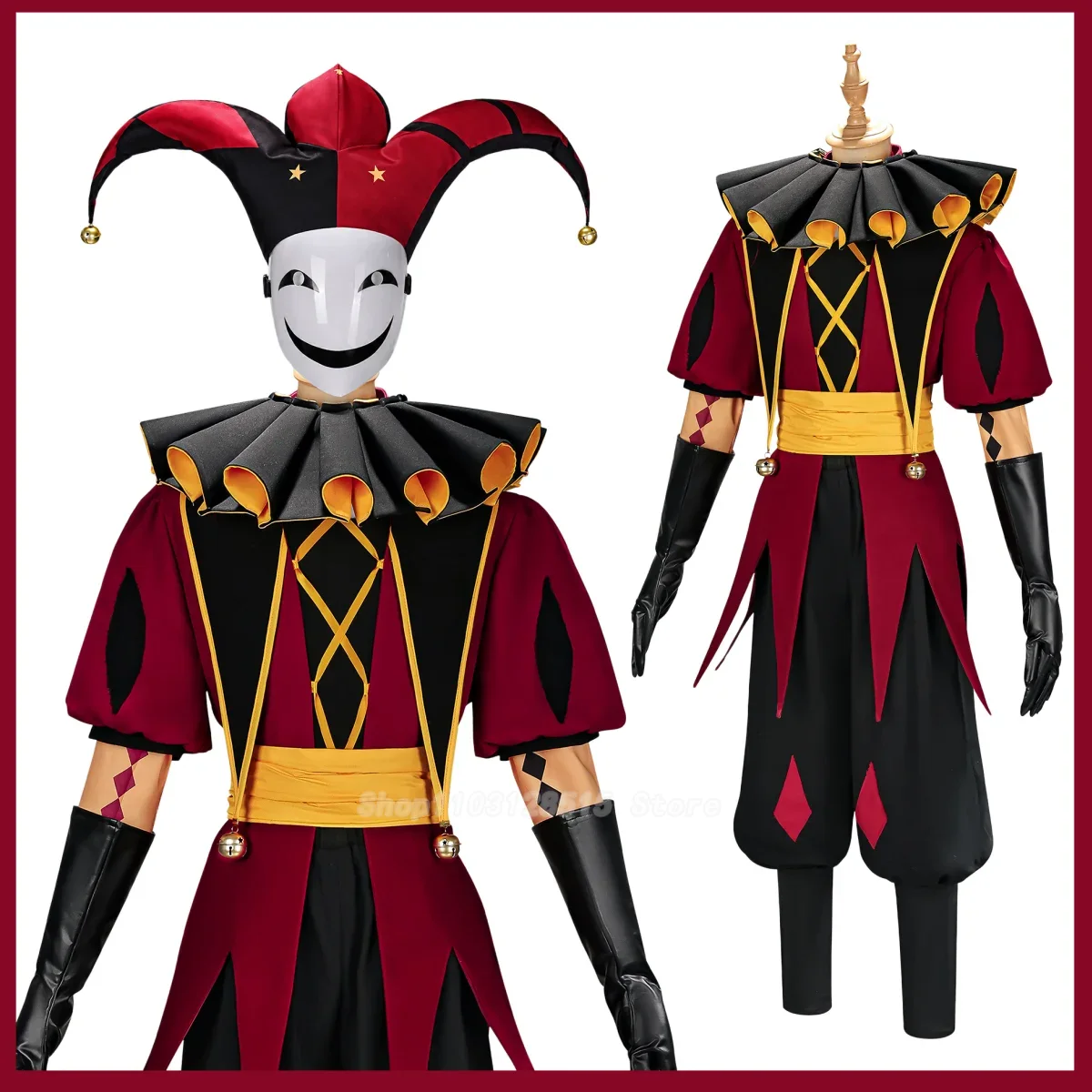 Women'S Red Accessories - ชุดคอสเพลย์เกม Pierrot Harlequin Jester พร้อมหน้ากาก หมวก